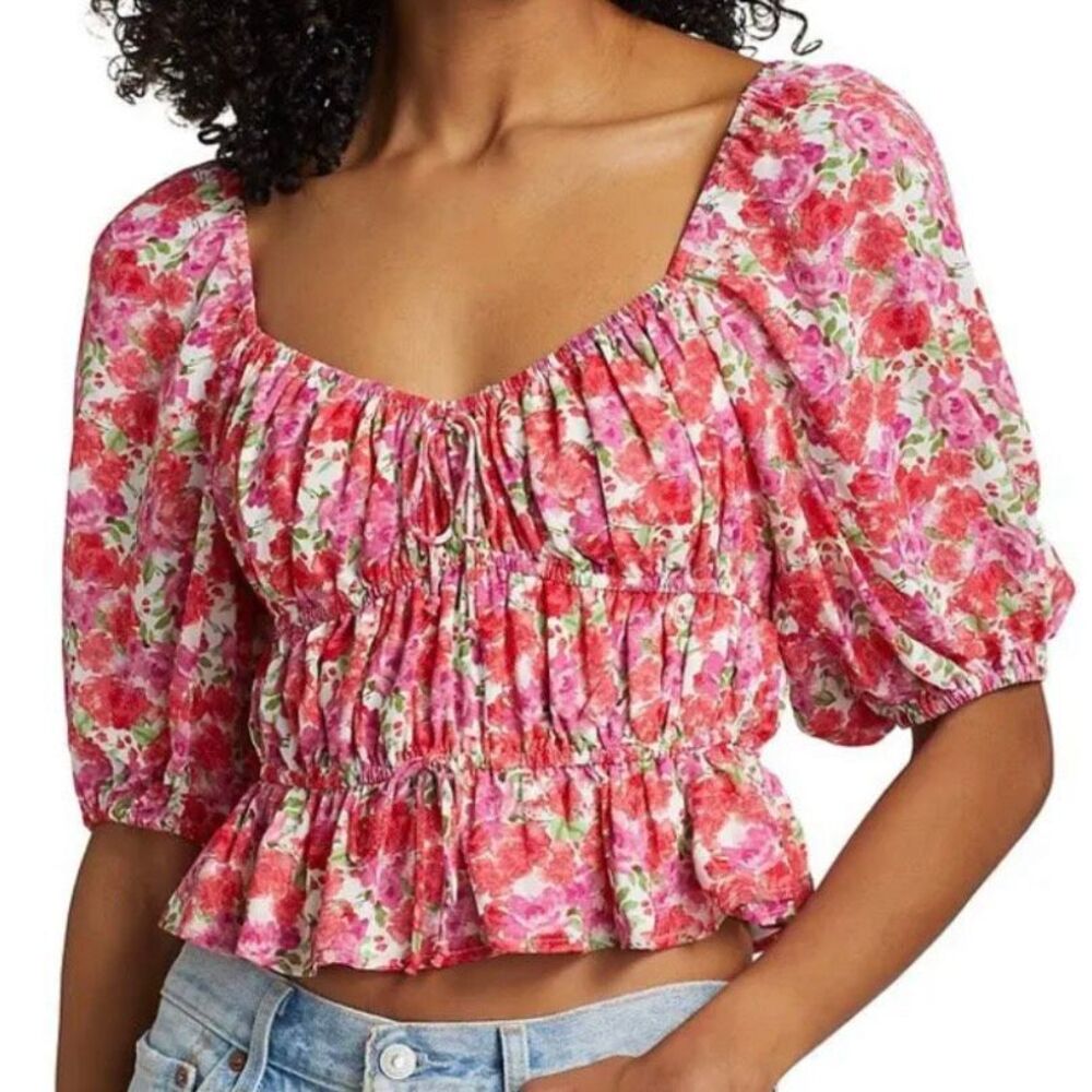 WAYF‎ | Avra Floral Puff Puffed Sleeve Crop Top Corset Style Pink Red | Size XL